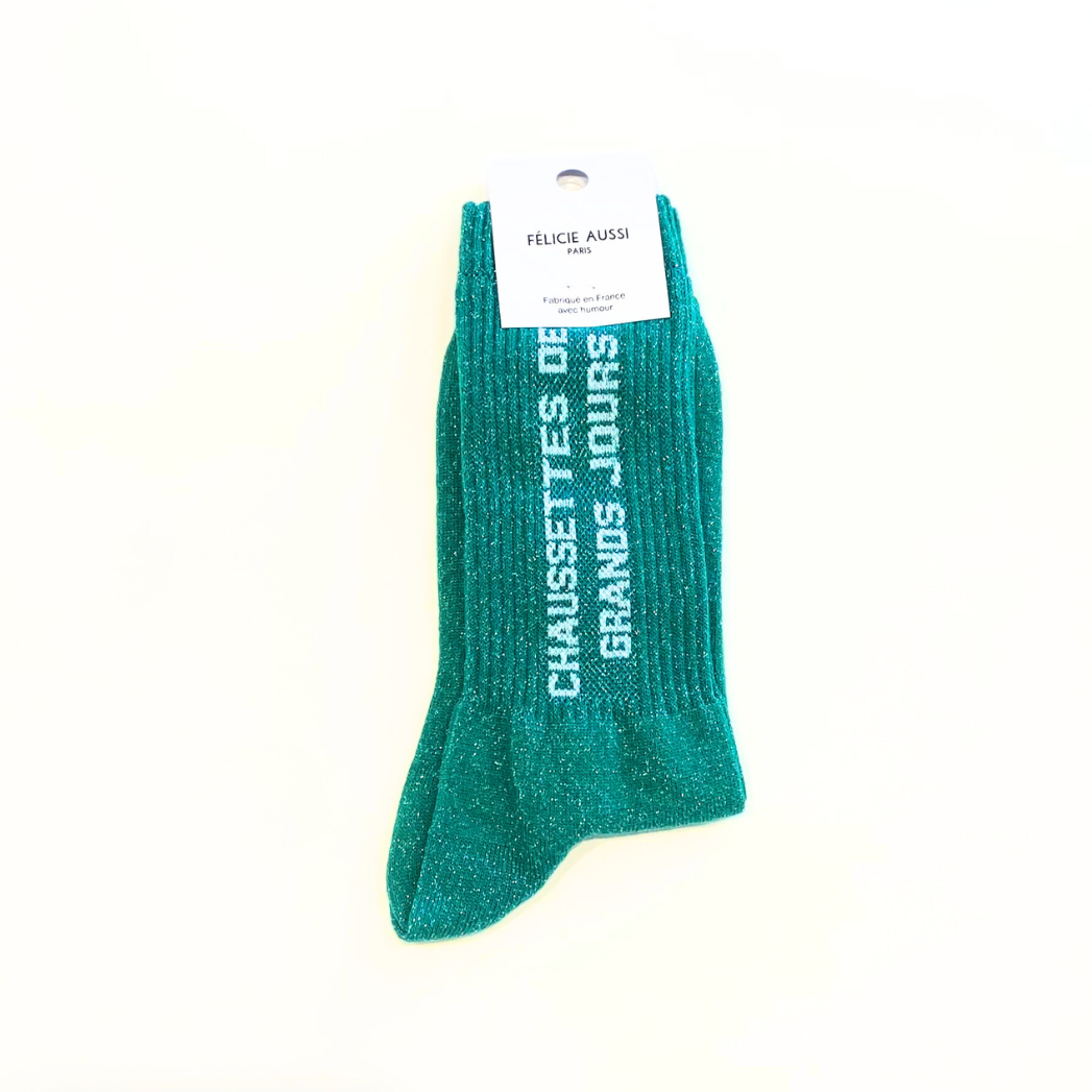 Chaussettes "Chaussettes des grands jours" verts à paillettes, Félicie Aussi, vue 1