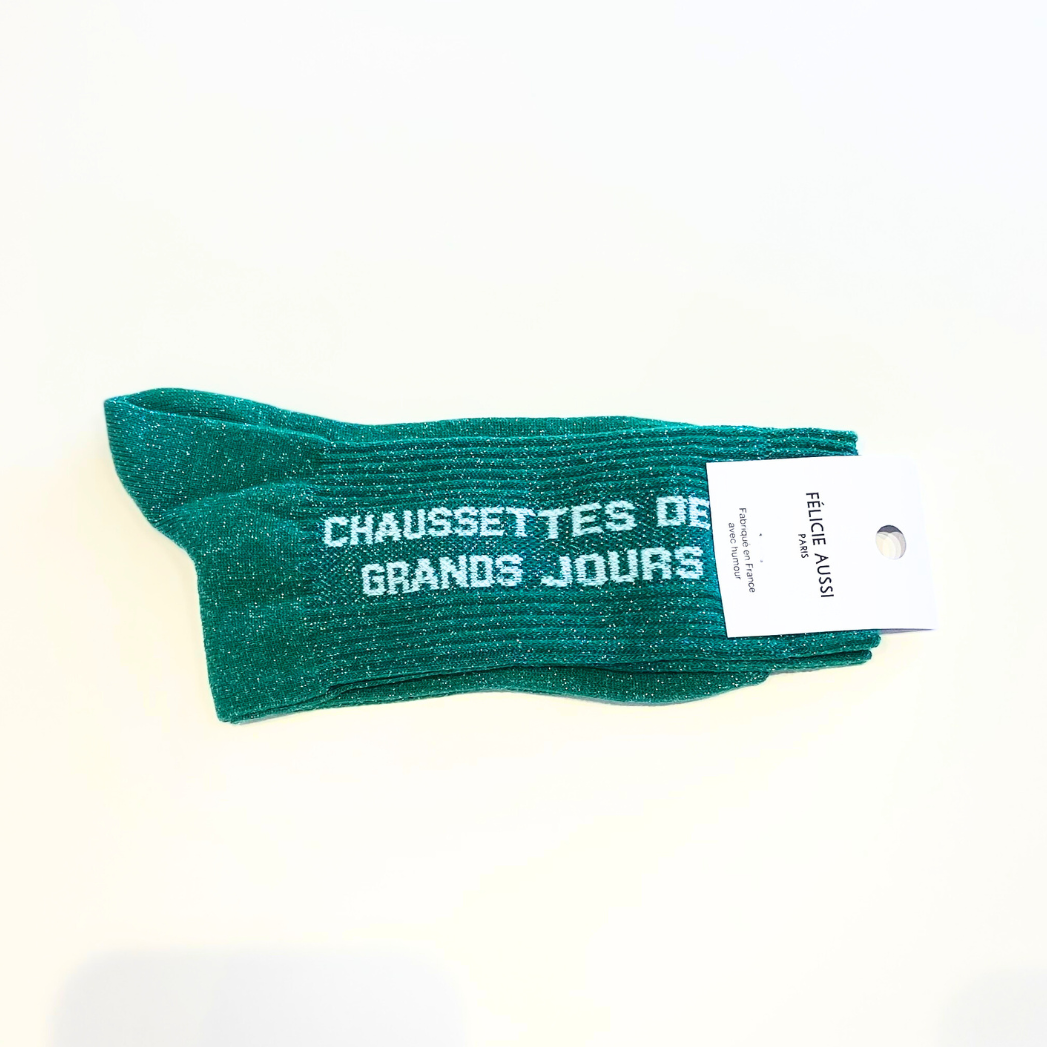 Chaussettes "Chaussettes des grands jours" verts à paillettes, Félicie Aussi, vue 2