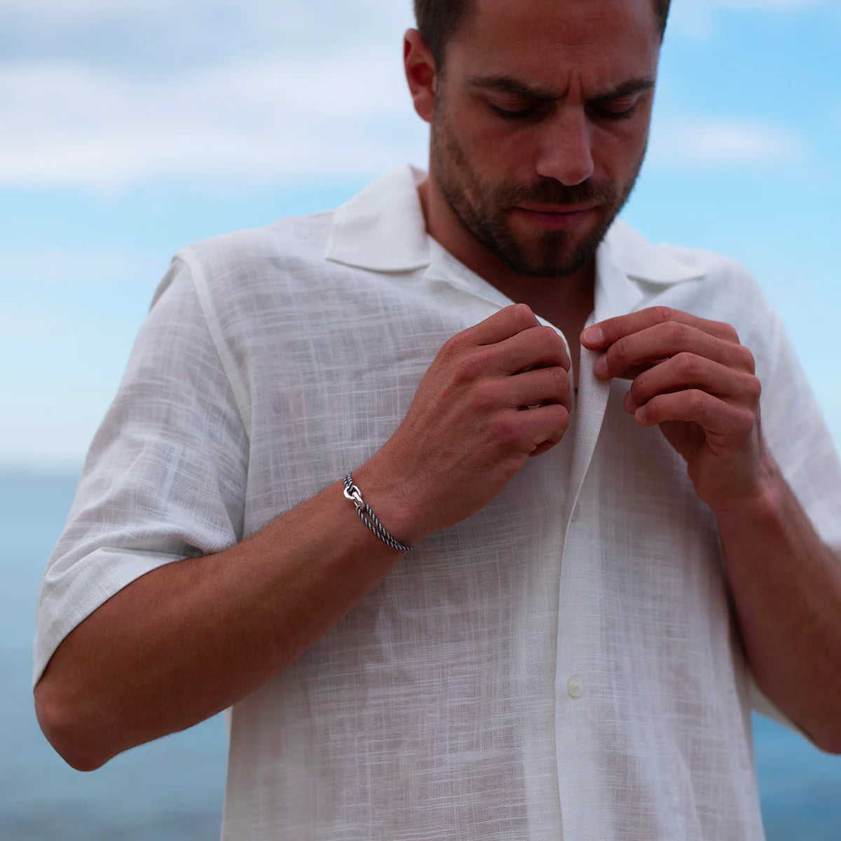 double maillon argent 22 mm rayé blanc et bleu